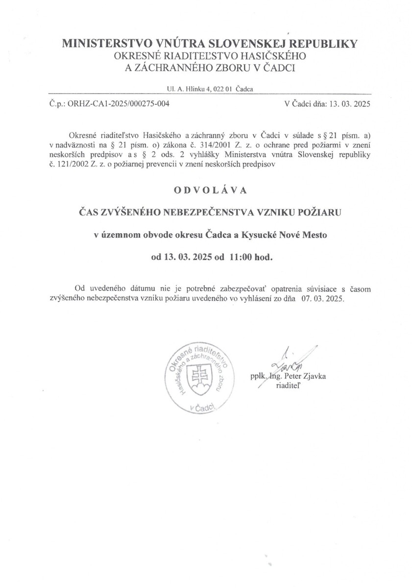 odvolanie času zvýšeného nebezpečenstva zniku požiaru